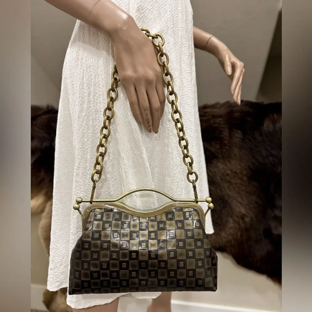 Vintage Pattern Genuine Calfskin Handmade Double Kisslock Purse/Multi Use Style